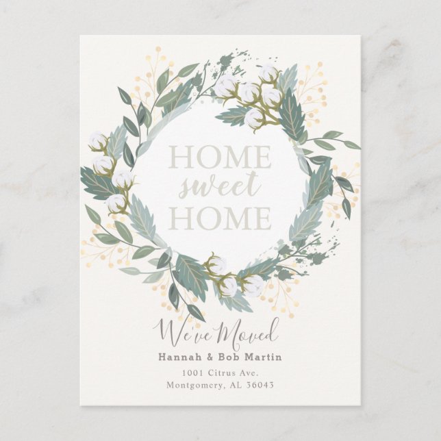Elegant Cotton Wreath White Moving Announcement Postcard (Front)