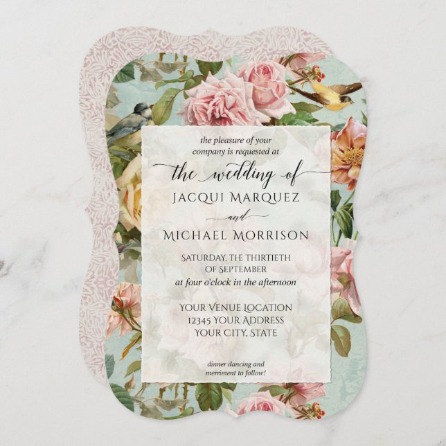 Elegant Country Chic Pink Rose Flower Bird Wedding Invitation (Front/Back)