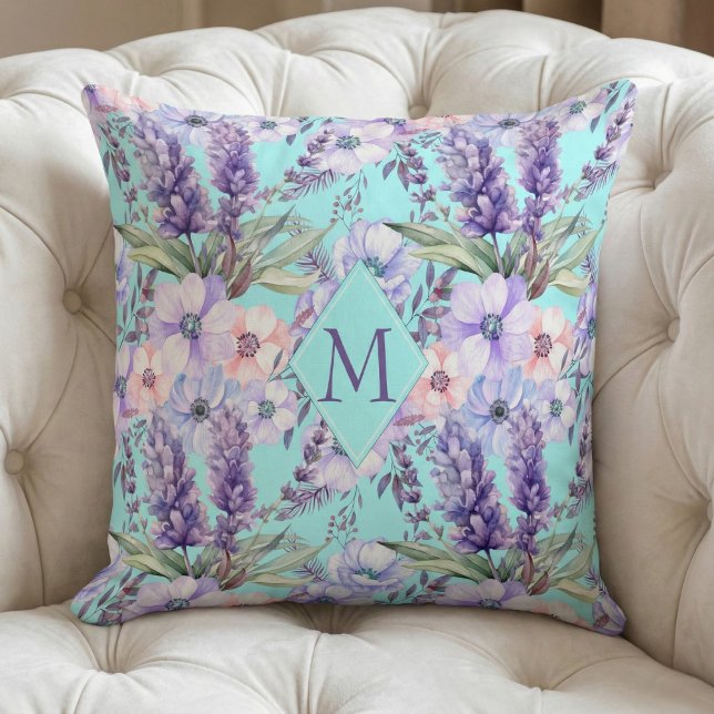 Elegant Country Lavender Floral Turquoise Monogram Cushion (Creator Uploaded)