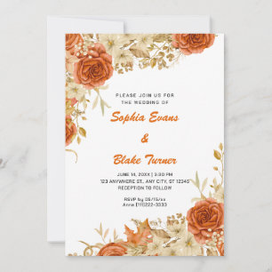 Elegant Country Orange Roses Fall White Wedding Invitation