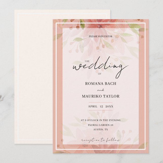 Elegant Country Peach Floral Terracotta Blush Invitation (Front/Back)