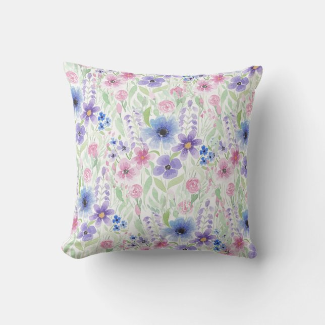 Elegant Country Pink Purple Blue Watercolor Flower Cushion (Front)