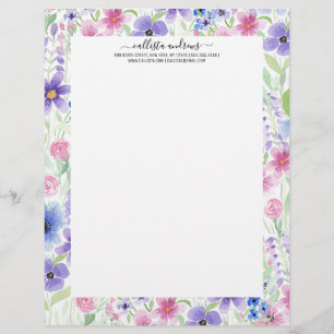 Elegant Country Pink Purple Blue Watercolor Flower Custom Letterhead