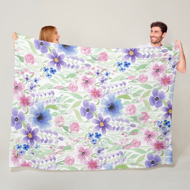 Elegant Country Pink Purple Blue Watercolor Flower Fleece Blanket (In Situ)