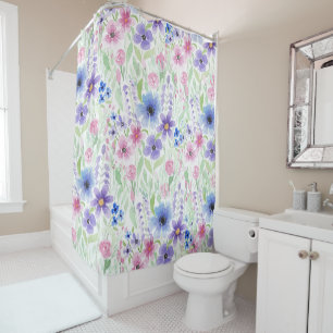 Elegant Country Pink Purple Blue Watercolor Flower Shower Curtain
