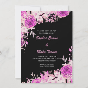 Elegant Country Pink Roses Black Wedding Invitation