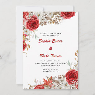 Elegant Country Red Roses Fall White Wedding Invitation