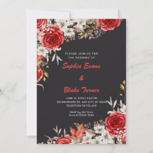 Elegant Country Red Roses Grey Wedding Invitation