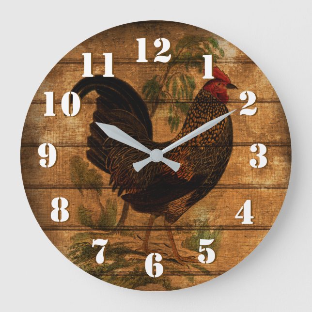 Elegant Country Rooster on Rustic wood Large Clock (Front)