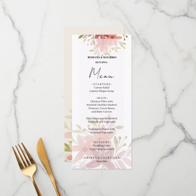 Elegant Country Watercolor Floral Terracotta Blush Menu (Front/Back In Situ)