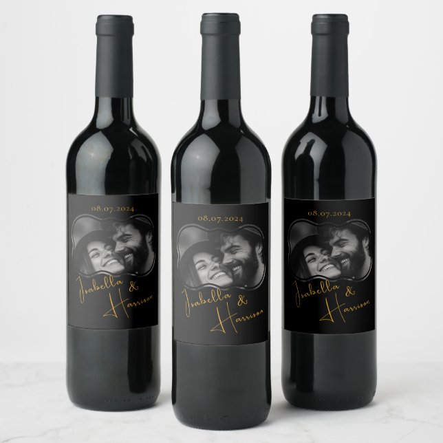 Elegant Couple Love Custom Photo Black and Gold Wine Label (Bottles)