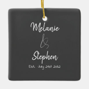 Elegant Couple Names Date Script Typography Grey Ceramic Ornament
