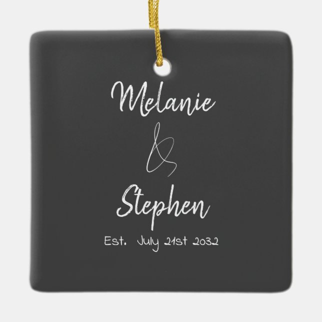 Elegant Couple Names Date Script Typography Grey Ceramic Ornament (Front)