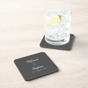 Elegant Couple Names Date Script Typography Grey Coaster