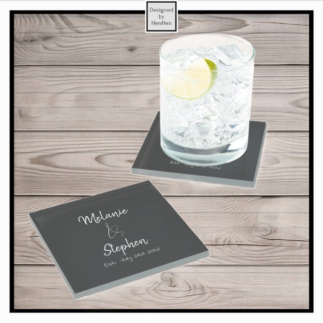Elegant Couple Names Date Script Typography Grey Glass Coaster (Creator Uploaded)