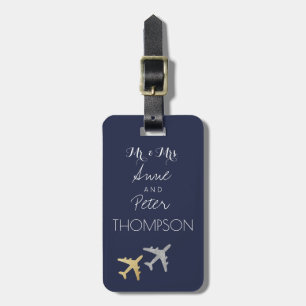 elegant couple names on deep blue air travel luggage tag