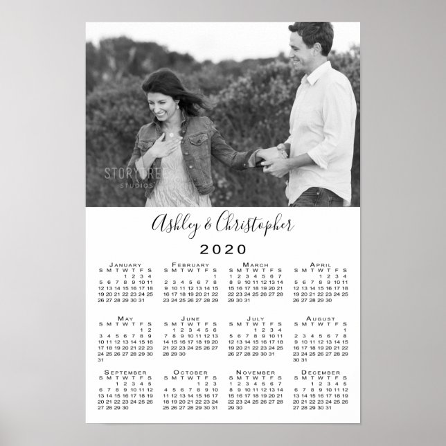 Elegant Couple Photo and Names 2020 Calendar Poster (Front)