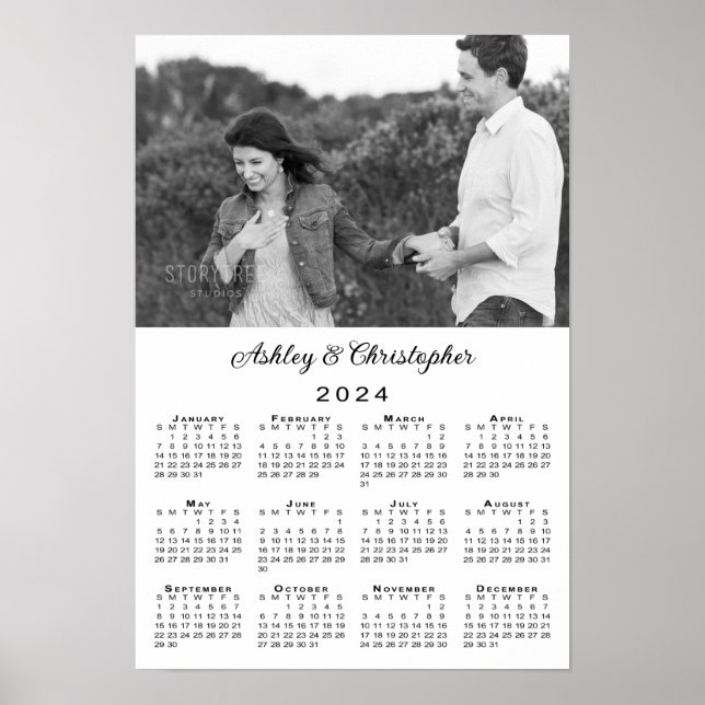 Elegant Couple Photo and Names 2024 Calendar Poster (Front)