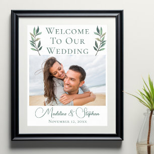 Elegant Couple Photo Green Leaf Botanical Wedding Poster