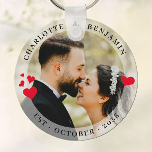 Elegant Couple Photo Red Hearts Wedding Keychain