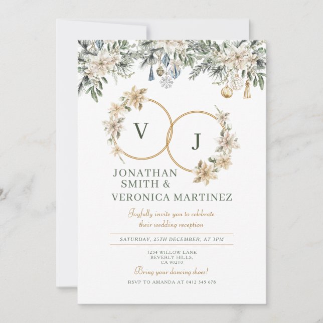 Elegant Couples Christmas Wedding Reception Floral Invitation (Front)