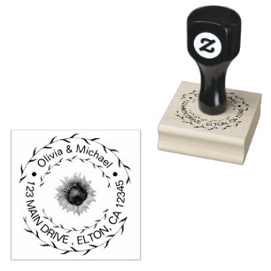 Elegant Couples Script Wedding Address Sunflower Rubber Stamp