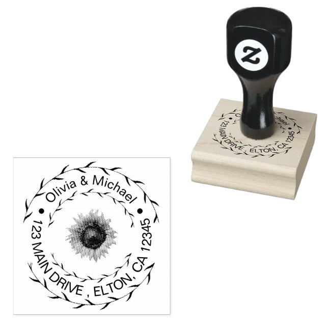 Elegant Couples Script Wedding Address Sunflower Rubber Stamp (Stamped)