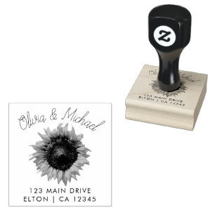 Elegant Couples Script Wedding Address Sunflower Rubber Stamp