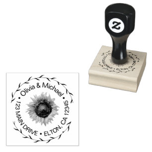 Elegant Couples Script Wedding Address Sunflower Rubber Stamp