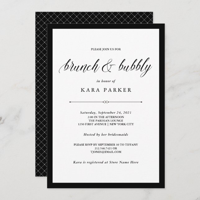 Elegant Couture Black and White Brunch and Bubbly Invitation (Front/Back)