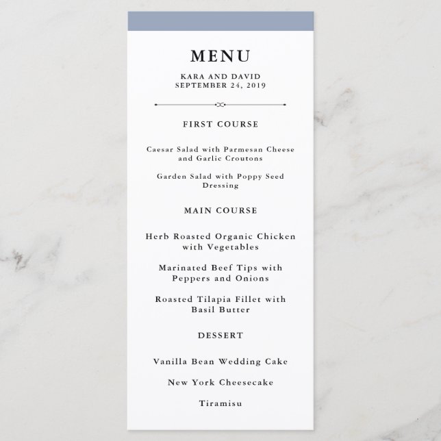 Elegant Couture | Dusty Blue Wedding Menu (Front)