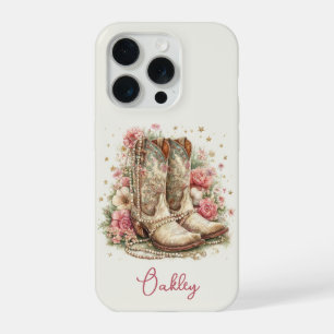 Elegant Cowgirl Boots with Flowers Monogrammed iPhone 15 Pro Case