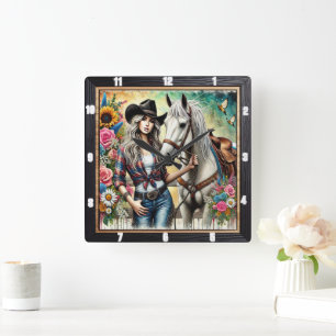 Elegant Cowgirl Posing With Beautiful White Horse Square Wall Clock