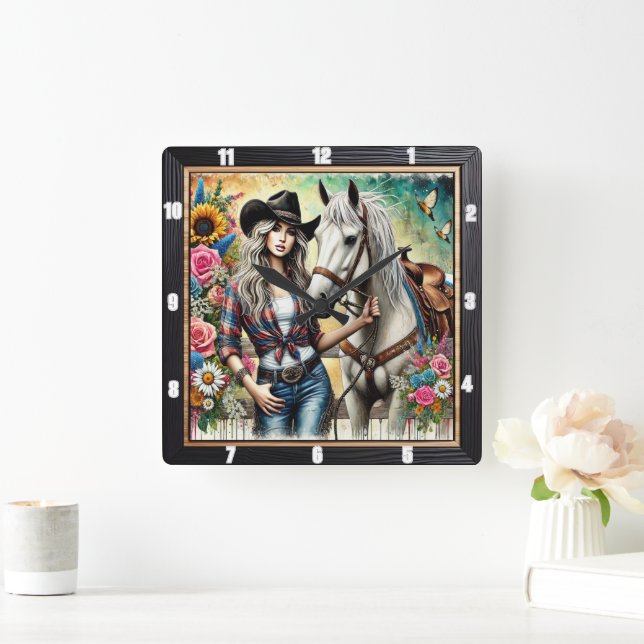 Elegant Cowgirl Posing With Beautiful White Horse Square Wall Clock (Home)