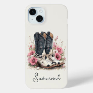 Elegant Cowhide Boots with Flowers Monogrammed iPhone 15 Mini Case