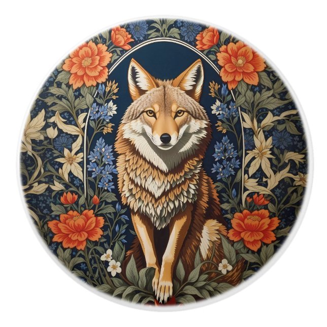 Elegant Coyote William Morris Inspired  Ceramic Knob (Front)