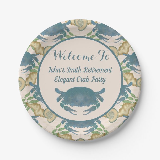 Elegant Crab Feast-Watercolor Blue Crabs, Seashell Paper Plate (Front)