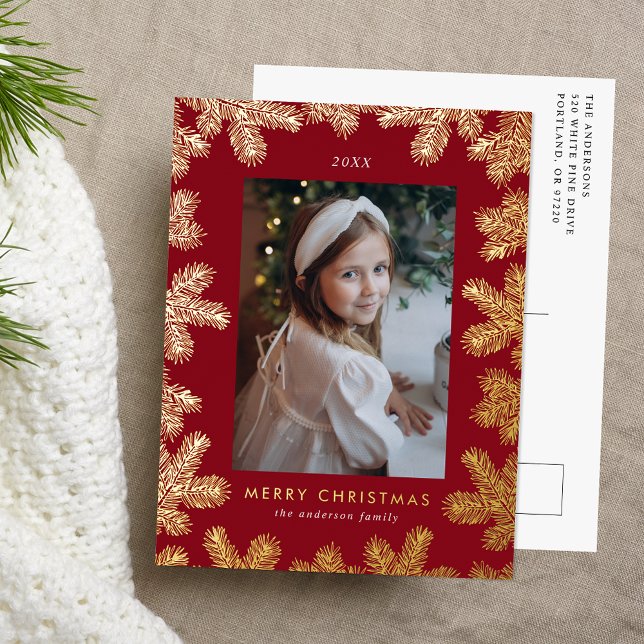 Elegant Cranberry and Gold Pine Frame Photo Foil Holiday Postcard (Creator Uploaded)