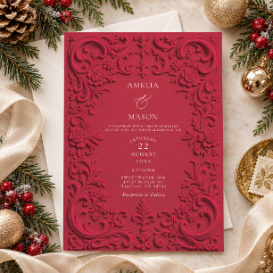 Elegant Cranberry Faux Embossed Baroque Wedding Invitation