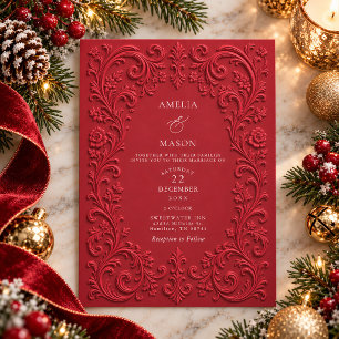 Elegant Cranberry Faux Embossed Baroque Wedding Invitation