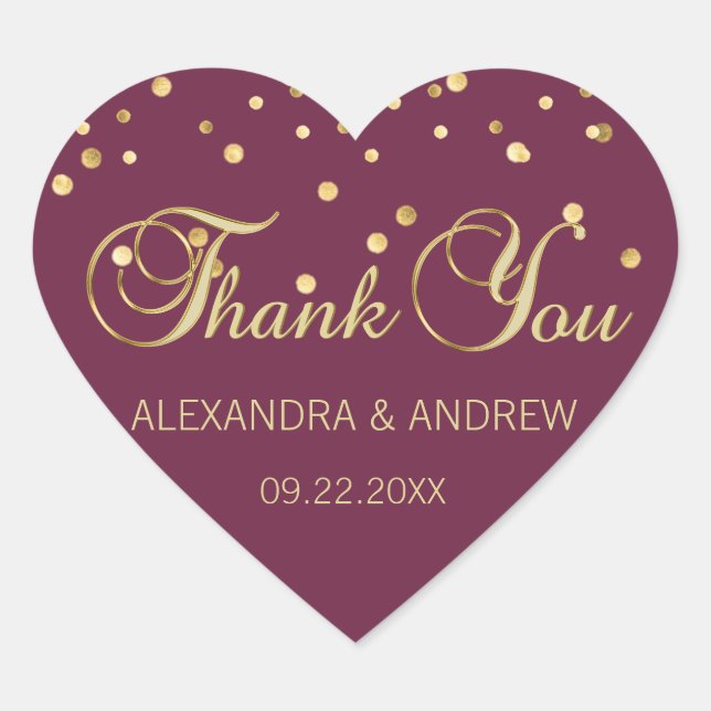 Elegant CRANBERRY Gold Wedding Heart Thank You Sticker (Front)