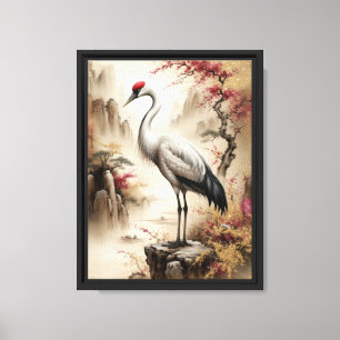 Elegant Crane Art with Asian Landscape Charm Canvas Print