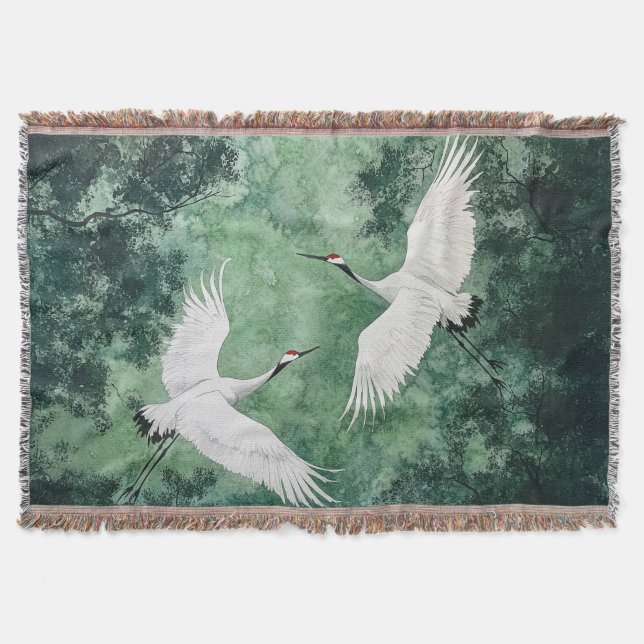 Elegant Crane Throw – Japanese Style Birds  Blanket (Front)