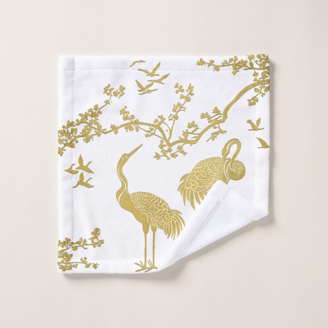 Elegant Cranes Art Pattern | Colourful Crane Birds Bath Towel Set (Wash Cloth)