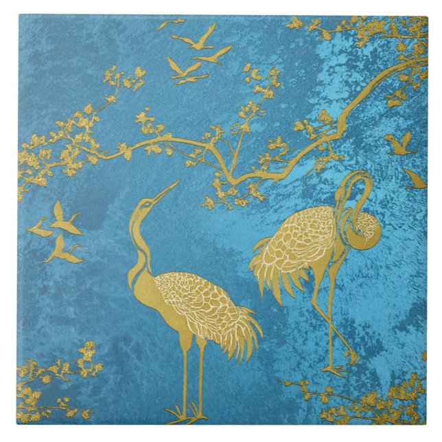 Elegant Cranes Art Pattern | Colourful Crane Birds Ceramic Tile (Front)