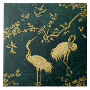 Elegant Cranes Art Pattern Colourful Crane Birds Ceramic Tile