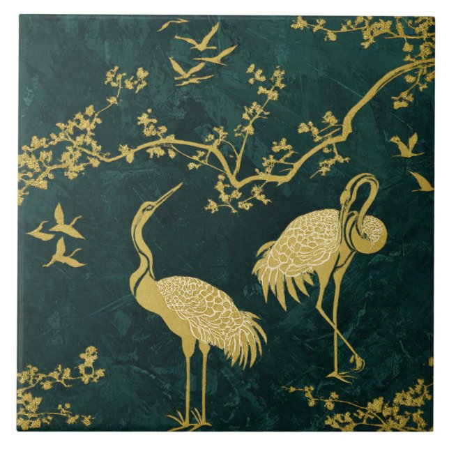 Elegant Cranes Art Pattern | Colourful Crane Birds Ceramic Tile (Front)