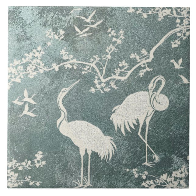 Elegant Cranes Art Pattern | Colourful Crane Birds Ceramic Tile (Front)