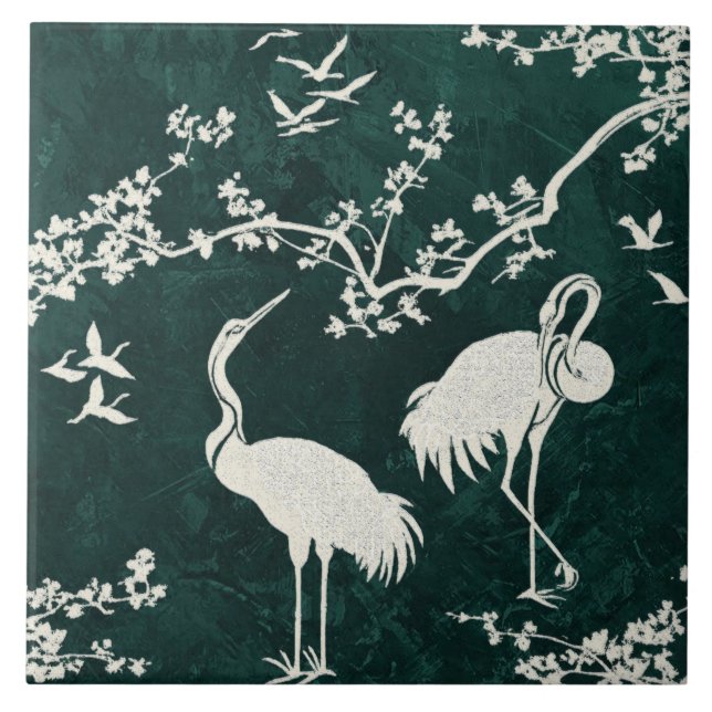 Elegant Cranes Art Pattern | Colourful Crane Birds Ceramic Tile (Front)