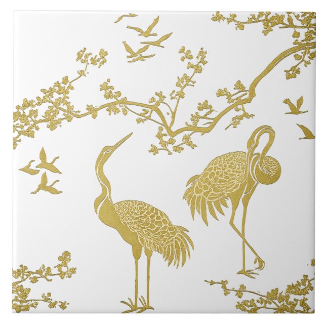 Elegant Cranes Art Pattern | Colourful Crane Birds Ceramic Tile (Front)